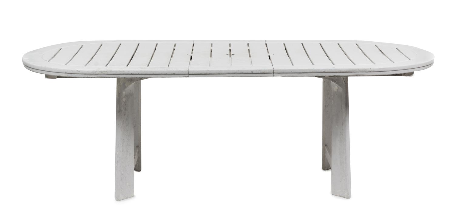 An Assembled Suite of White Painted Garden Furniture Height of table 29 x length 85 x depth 37 inches.
