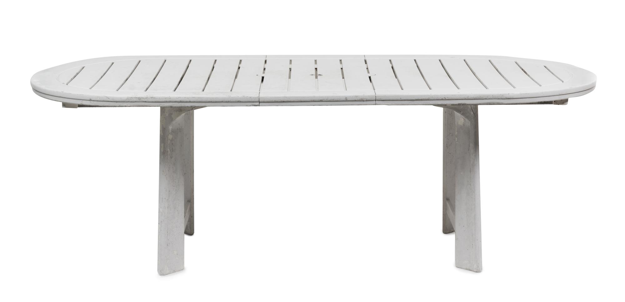 An Assembled Suite of White Painted Garden Furniture Height of table 29 x length 85 x depth 37 inches.