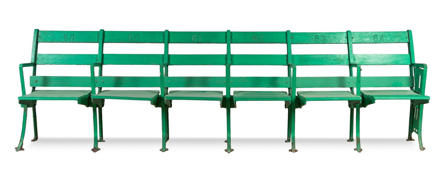 A Group of Six Comiskey Park Stadium Seats Height 32 x width 114 inches.