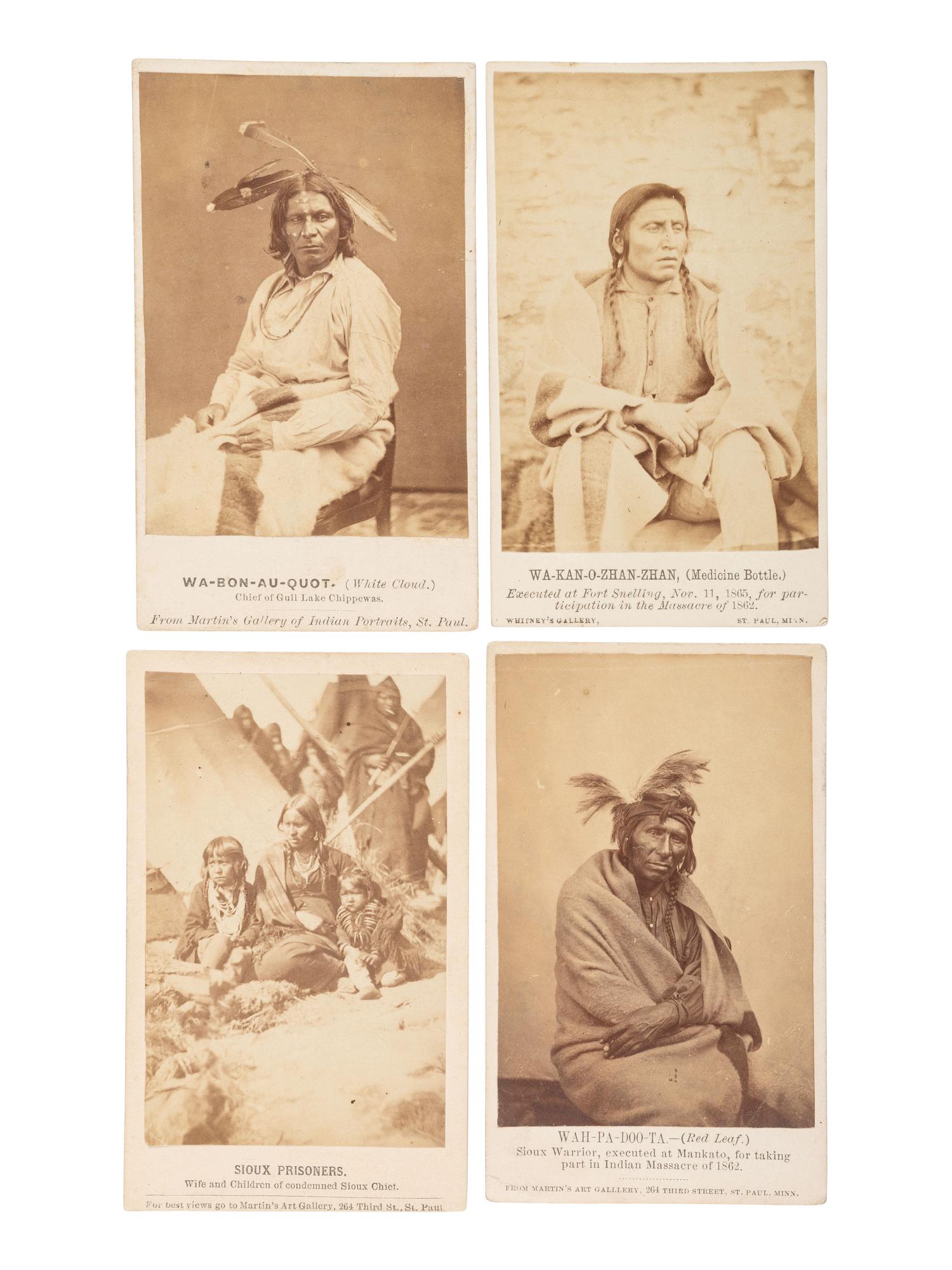 A group of 4 CDVs of Sioux related to the 1862 Dakota Uprising in Minnesota, incl. subjects held and executed at Fort Snelling.