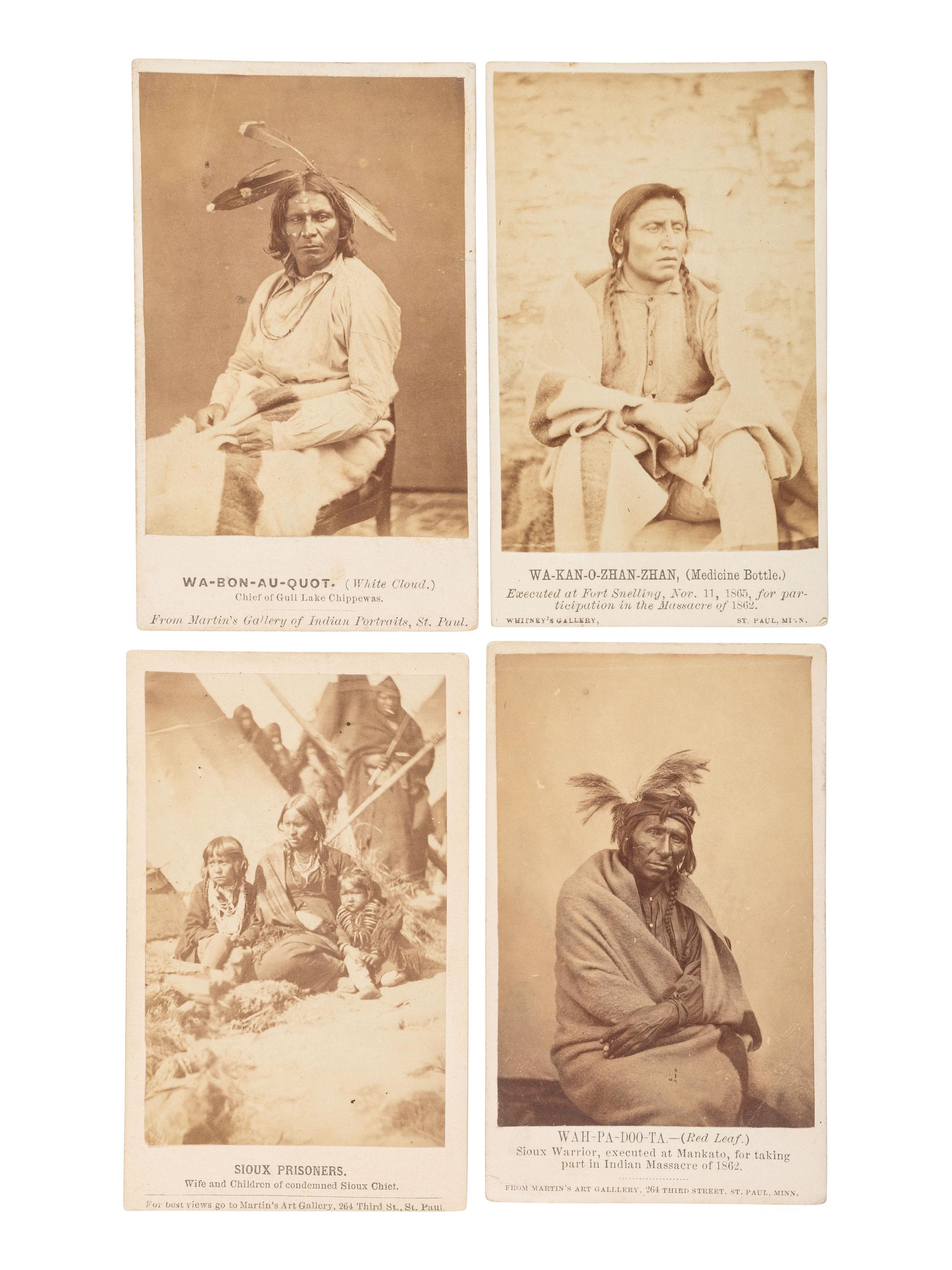 A group of 4 CDVs of Sioux related to the 1862 Dakota Uprising in Minnesota, incl. subjects held and executed at Fort Snelling.