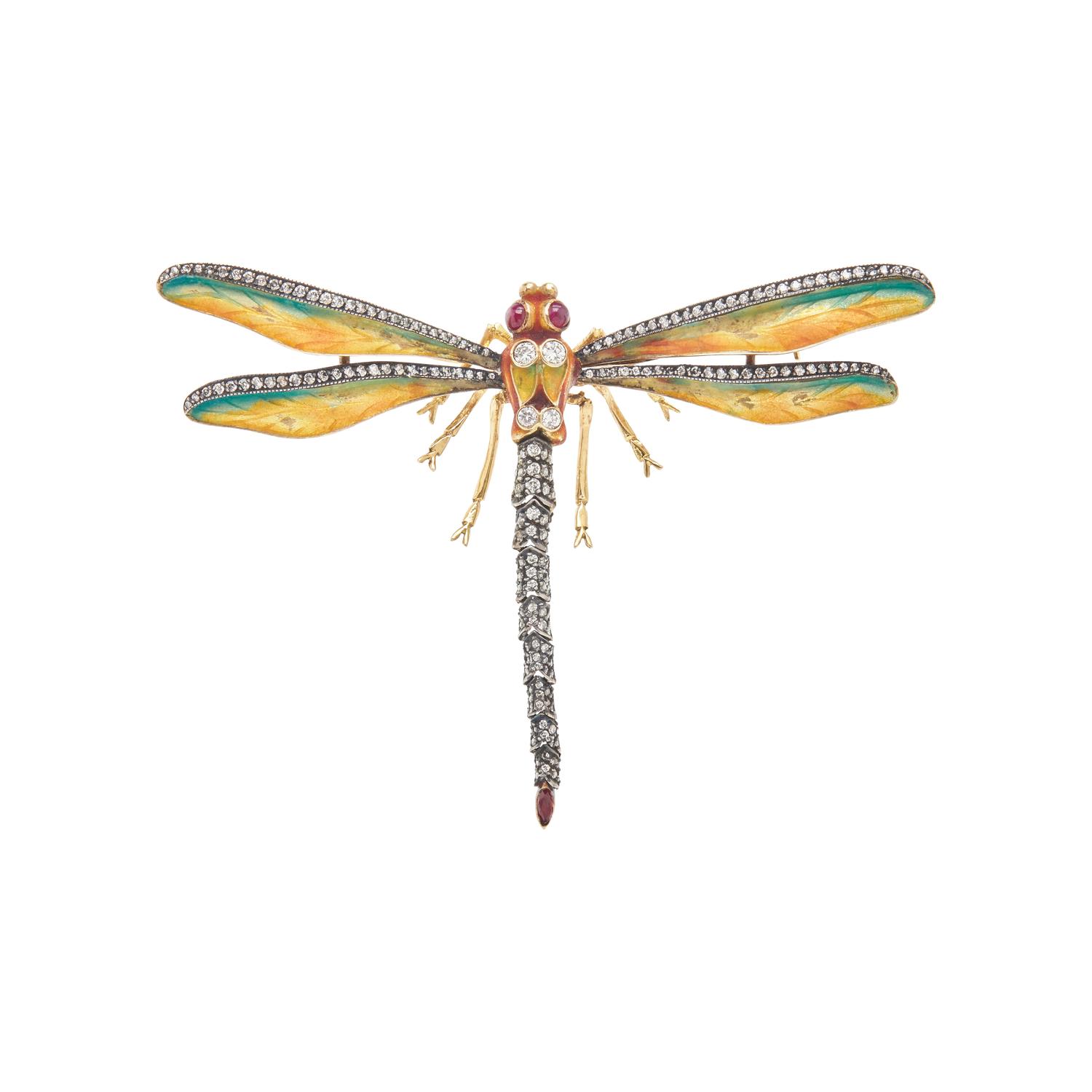 ENAMEL, DIAMOND AND MULTIGEM ARTICULATED DRAGONFLY BROOCH