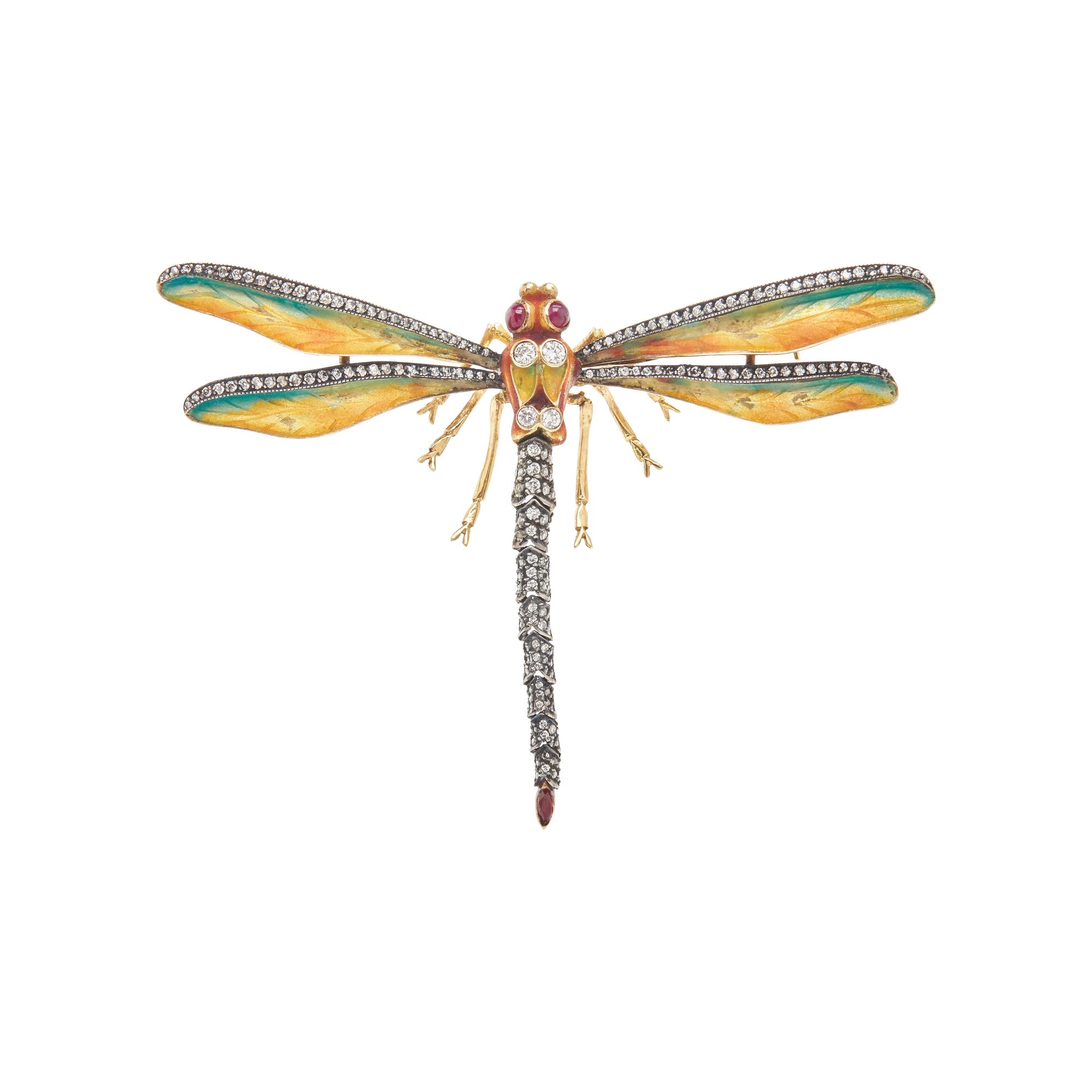 ENAMEL, DIAMOND AND MULTIGEM ARTICULATED DRAGONFLY BROOCH