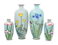 Two Pairs of Japanese Blue Ground Cloisonné Enamel Vases