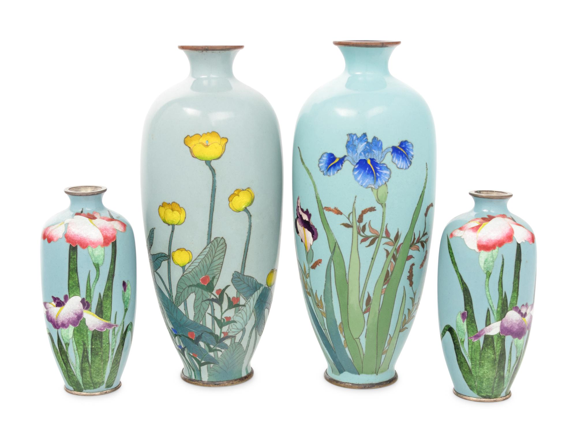 Two Pairs of Japanese Blue Ground Cloisonné Enamel Vases