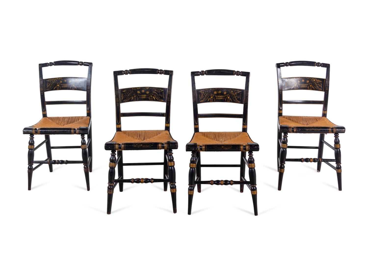 A Set of Four Ebonized and Stenciled Hitchcock Side Chairs