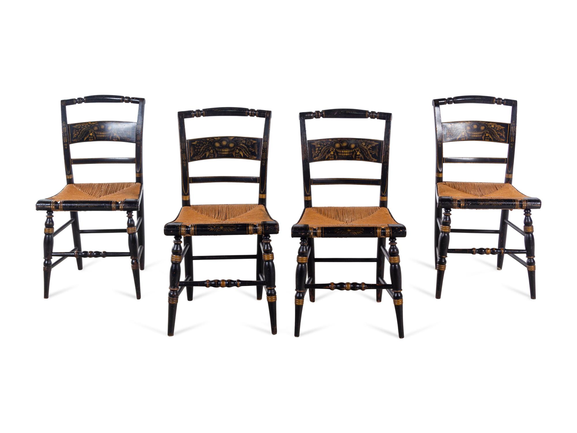 A Set of Four Ebonized and Stenciled Hitchcock Side Chairs