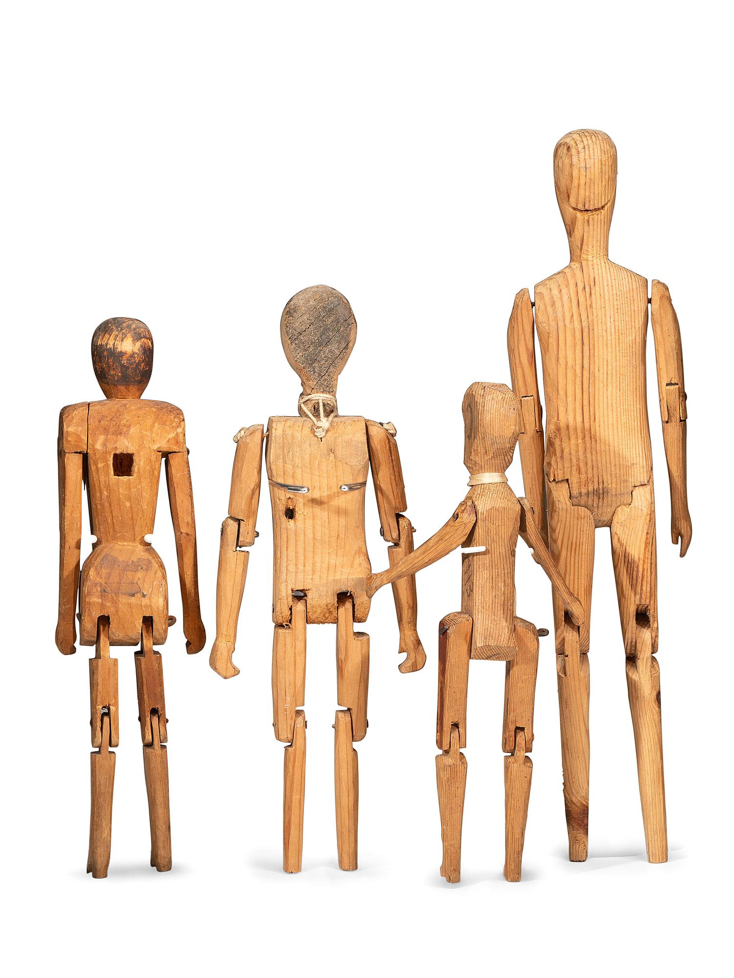 Four Folk Art Carved Wood Articulated Figures