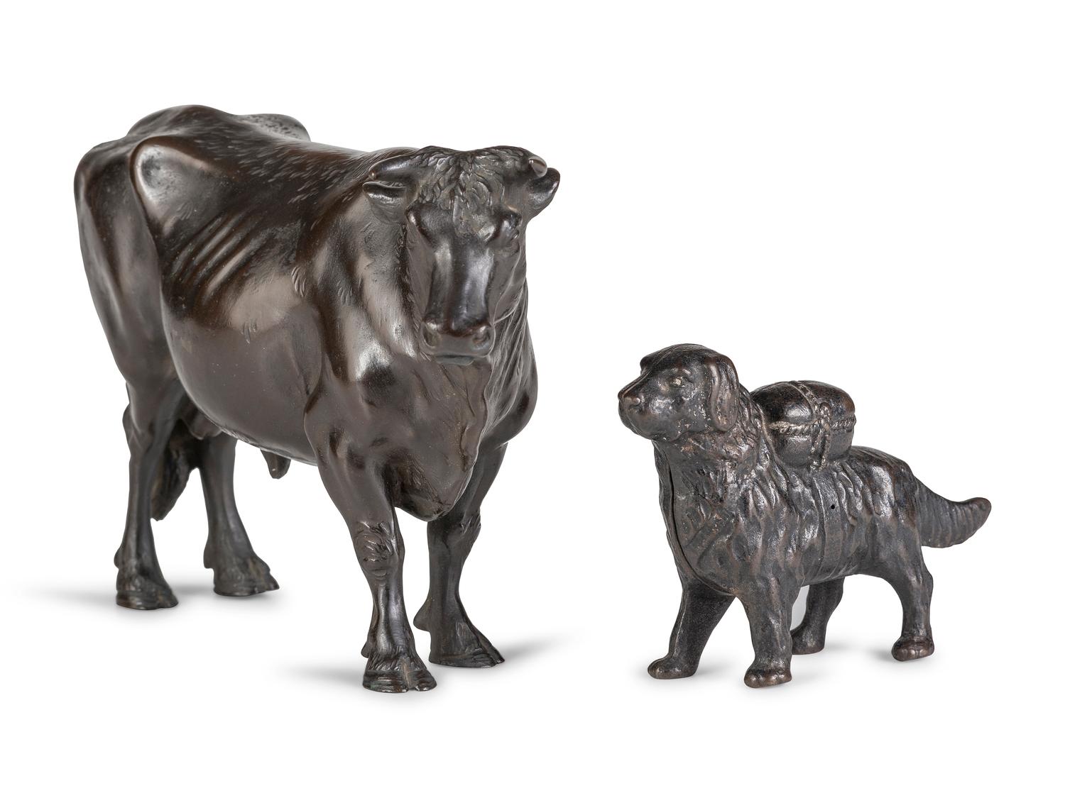A Meiji Bronze Figure of a Bull and a Dog-Form Cast Iron Still Bank