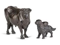 A Meiji Bronze Figure of a Bull and a Dog-Form Cast Iron Still Bank