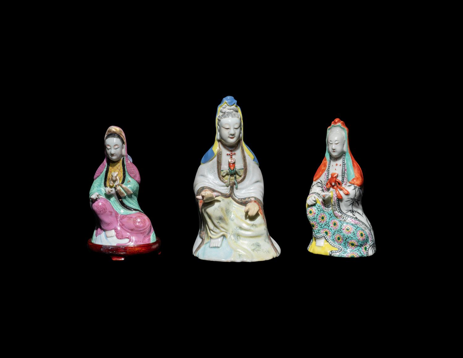 Three Chinese Famille Rose Porcelain Figures of Seated Guanyin