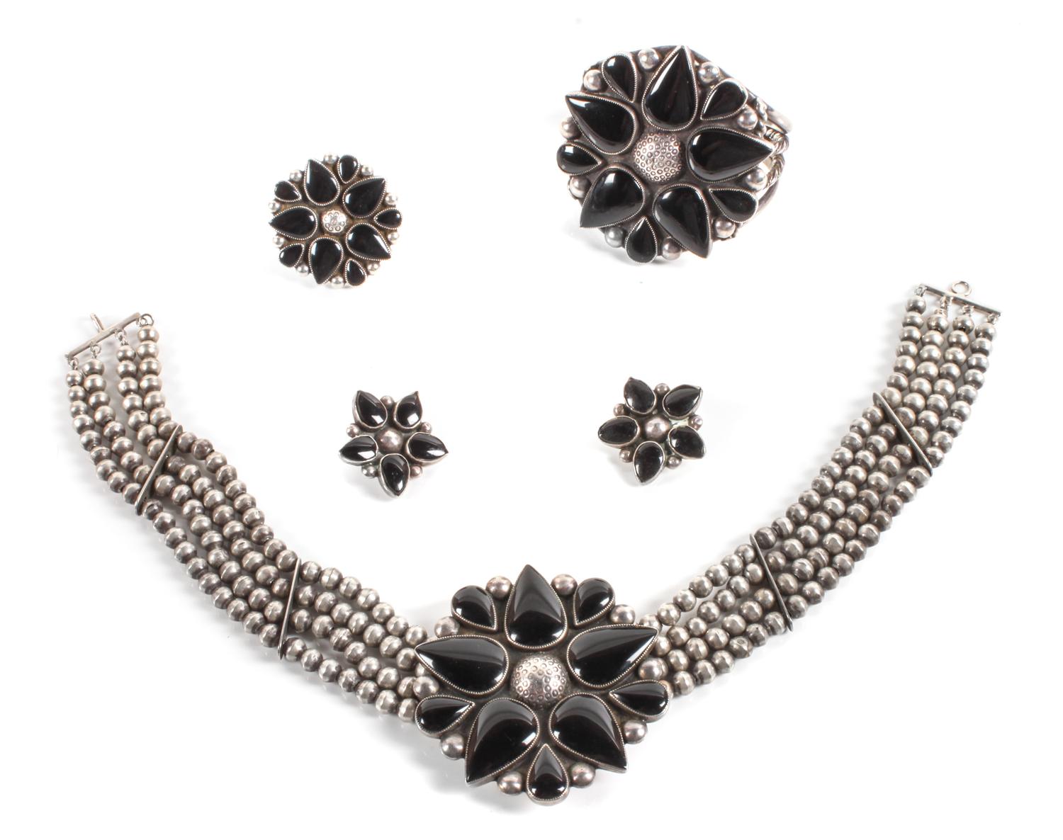 Southwest Style Silver and Onyx Demi Parure Length of first 14 inches