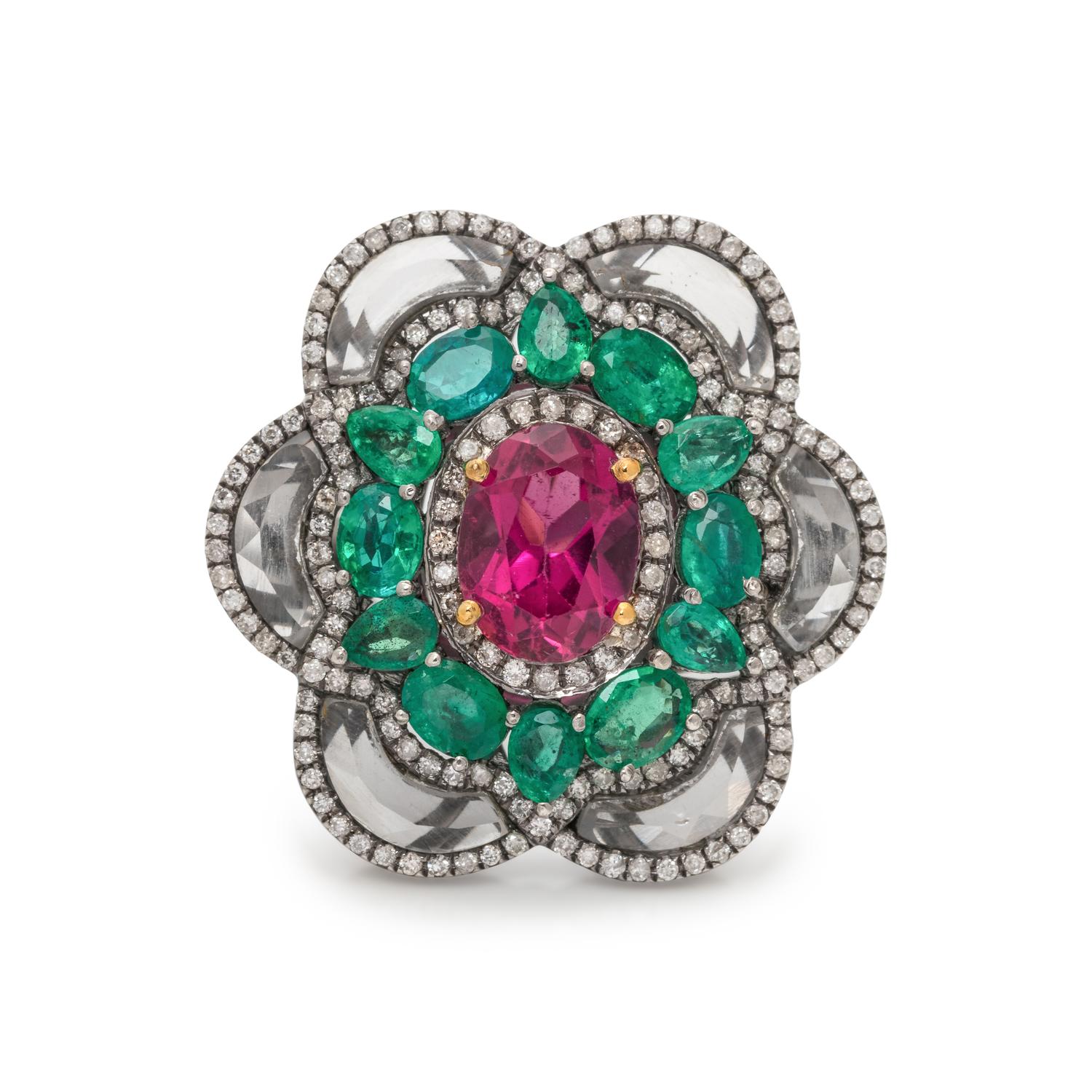 PINK TOURMALINE, EMERALD AND DIAMOND RING