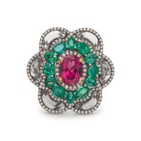 PINK TOURMALINE, EMERALD AND DIAMOND RING