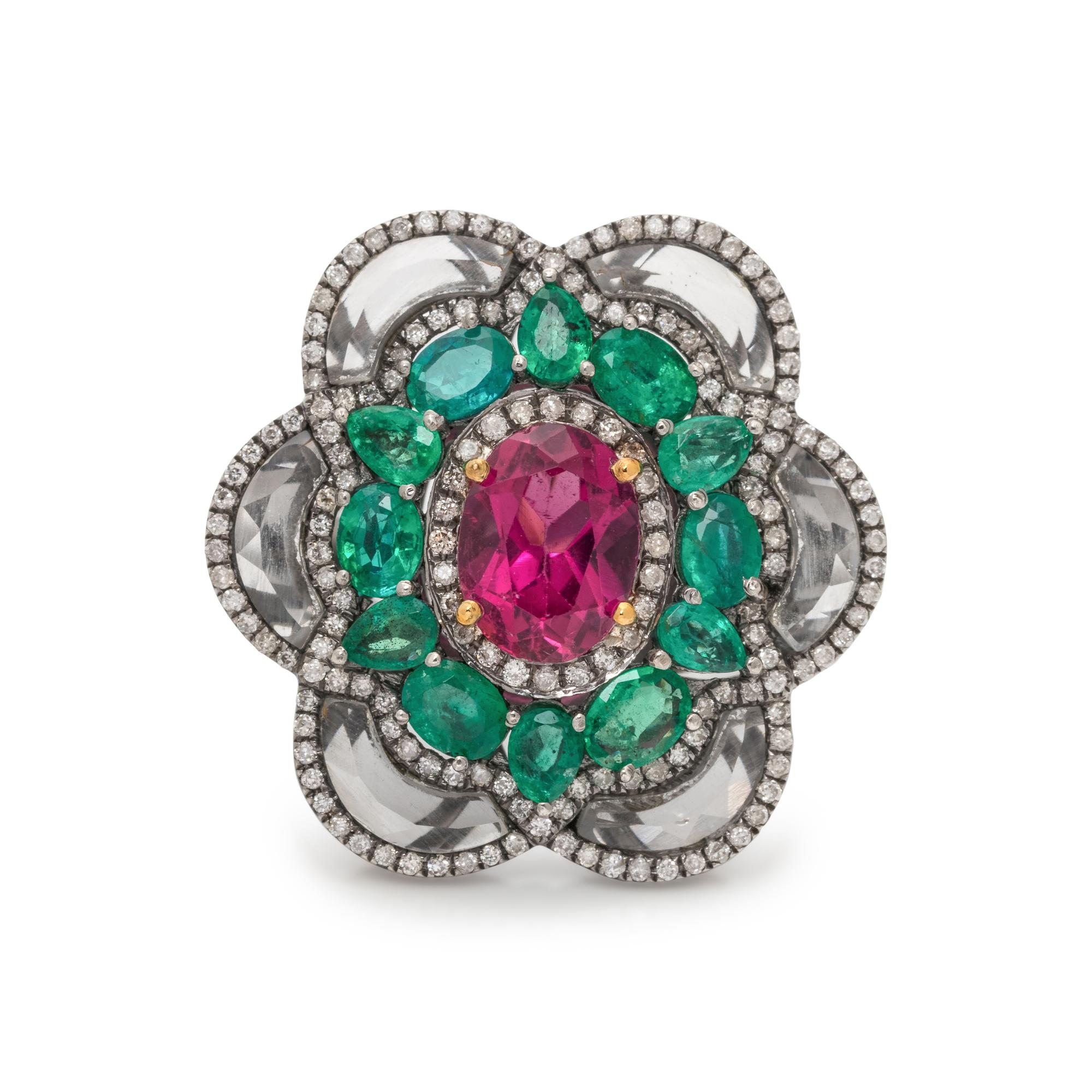 PINK TOURMALINE, EMERALD AND DIAMOND RING