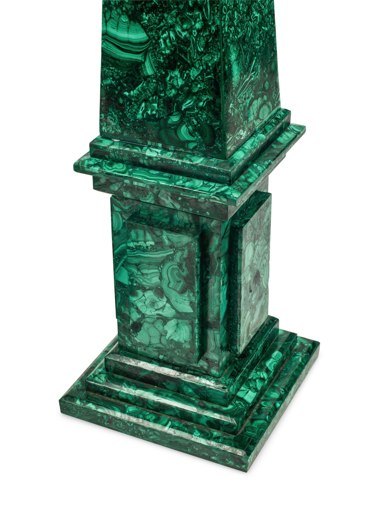 A Pair of Large Malachite Veneered Obelisks