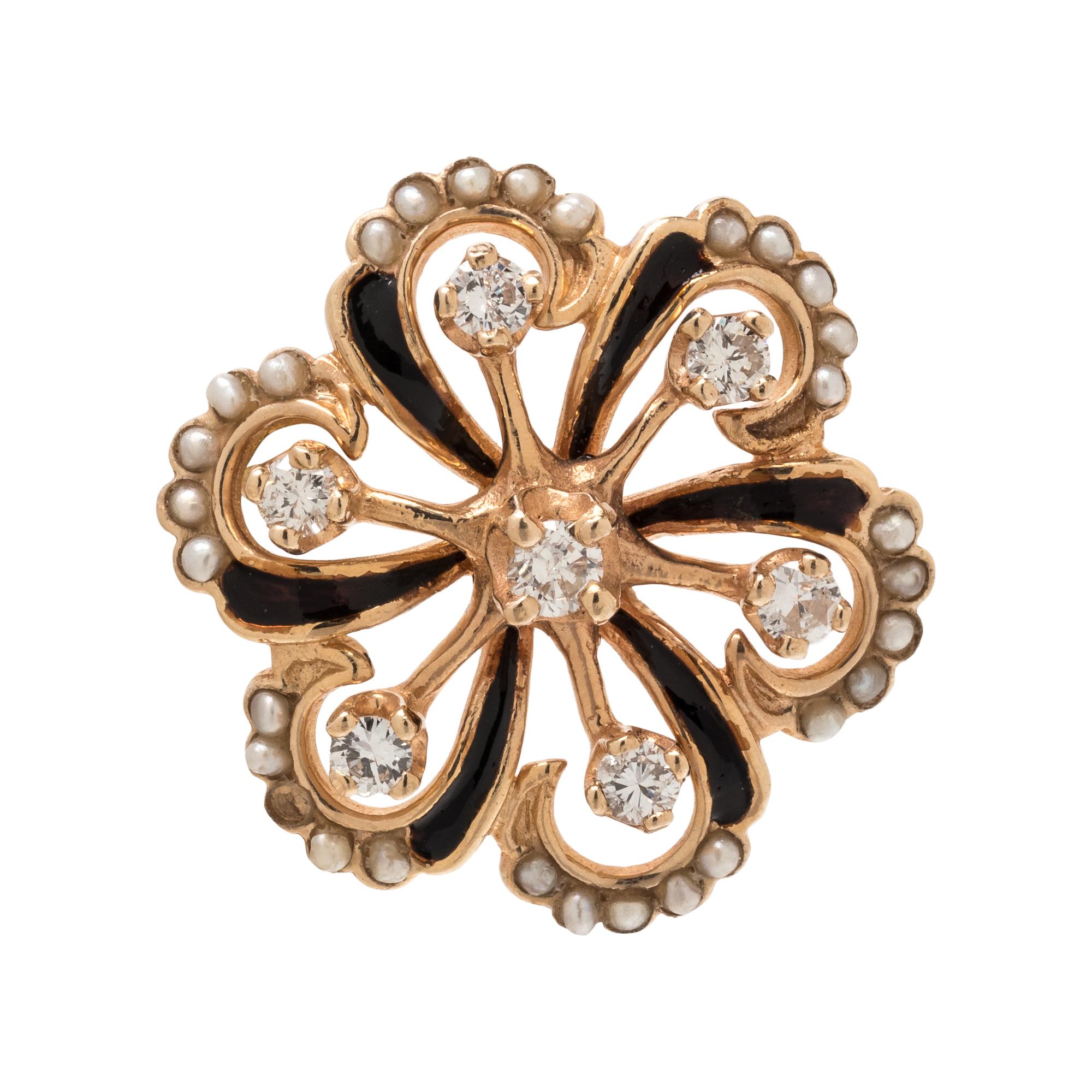 DIAMOND, ENAMEL AND SEED PEARL BROOCH