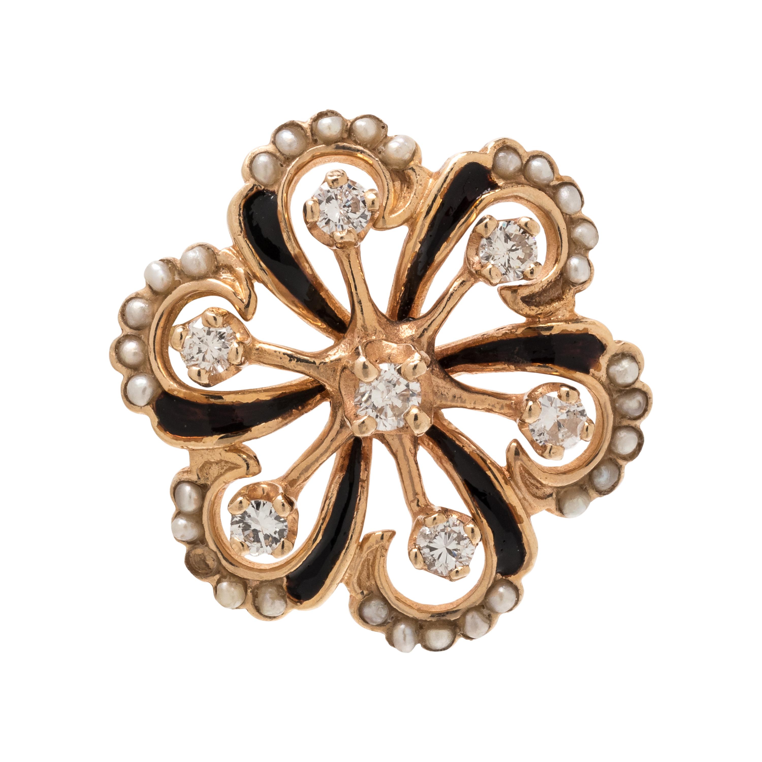 DIAMOND, ENAMEL AND SEED PEARL BROOCH