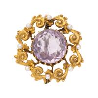 ANTIQUE, YELLOW GOLD, AMETHYST AND SEED PEARL BROOCH