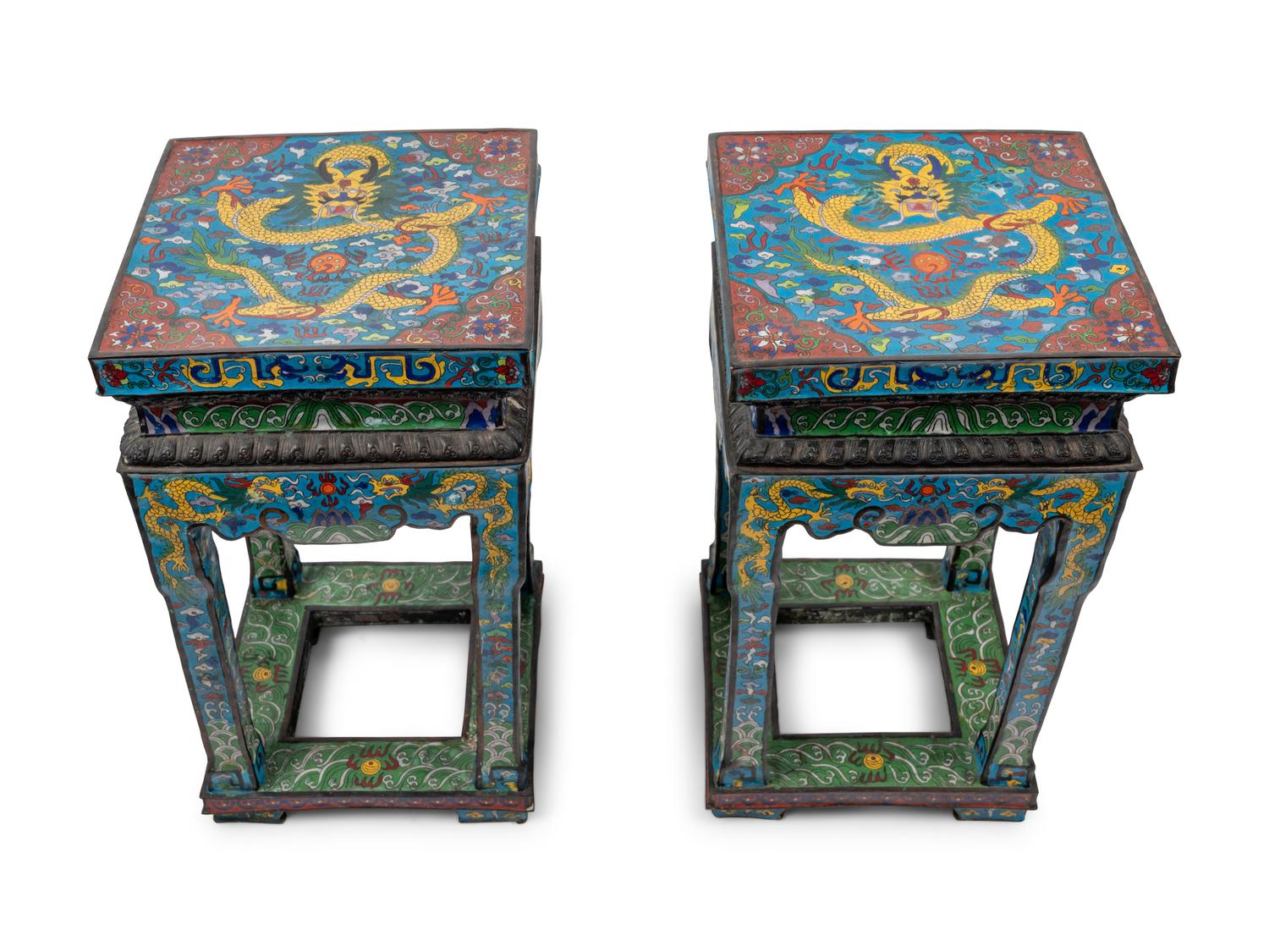A Pair of Chinese Blue Ground Cloisonné Enamel Stools