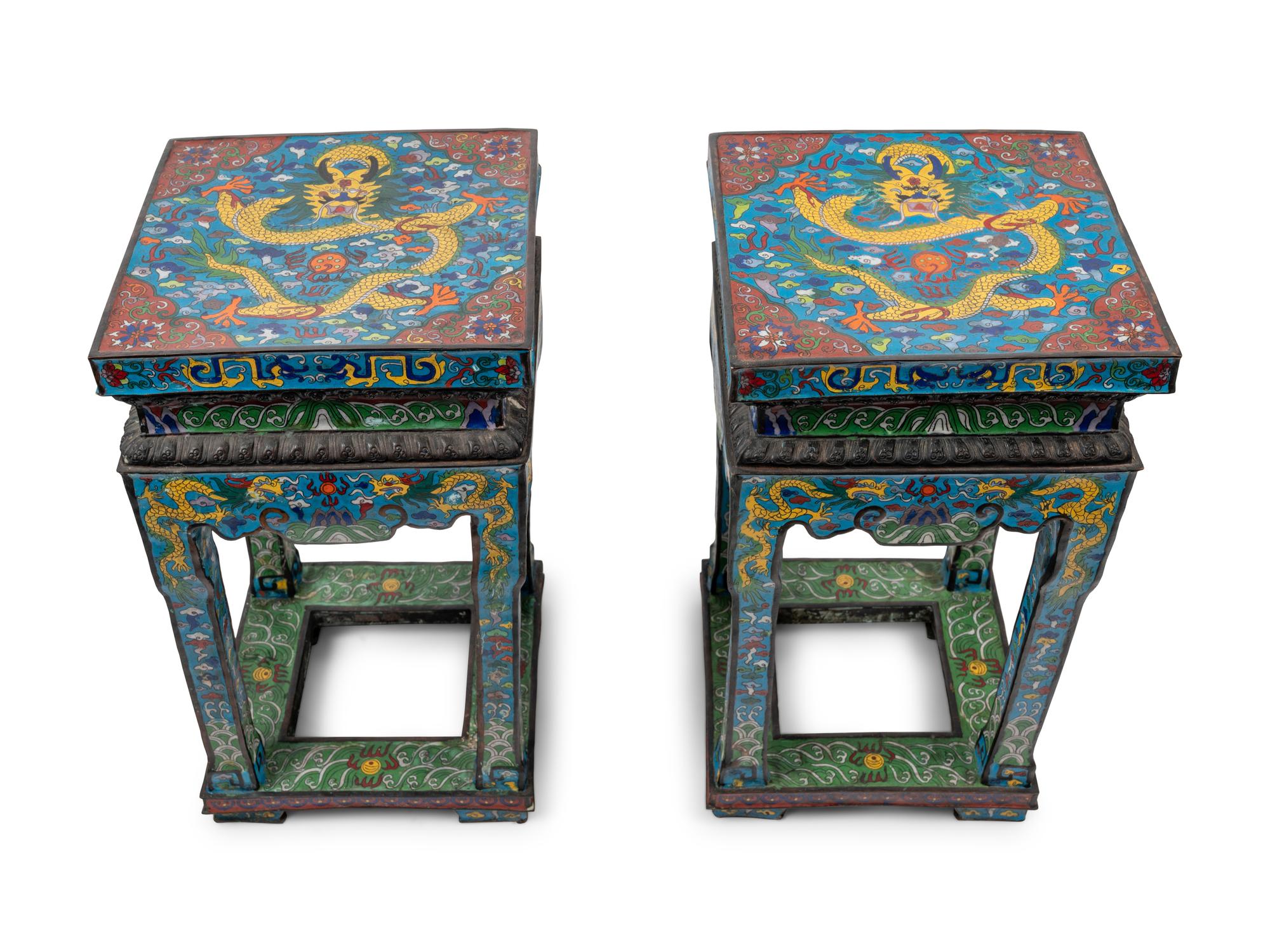 A Pair of Chinese Blue Ground Cloisonné Enamel Stools
