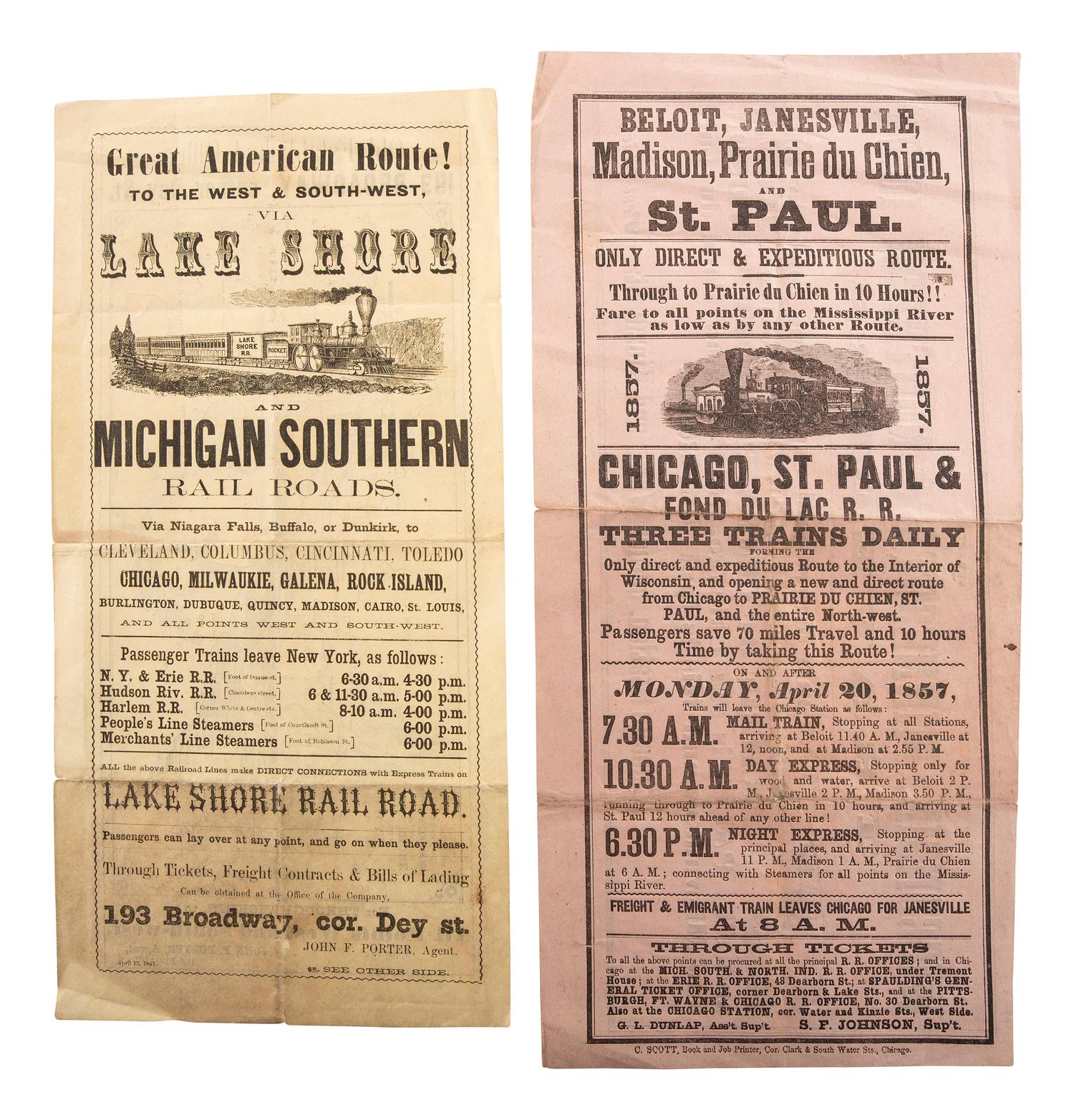[TRANSPORTATION]. Broadsides advertising new railroad routes for travelling westward, comprising: