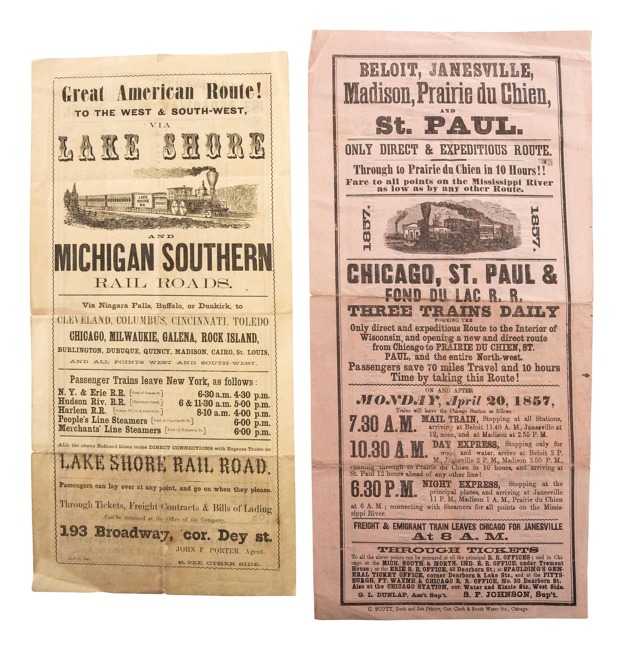 [TRANSPORTATION]. Broadsides advertising new railroad routes for travelling westward, comprising: