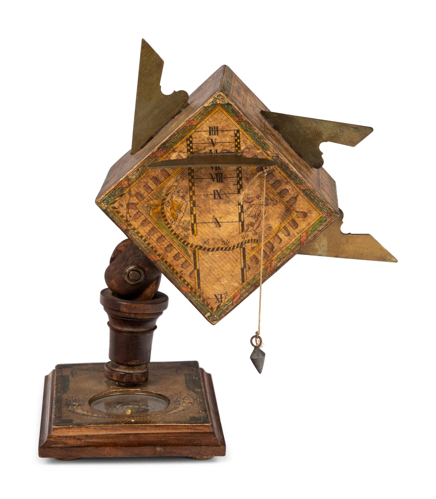 A German Fruitwood and Brass Polyhedral Portable Cube Sundial