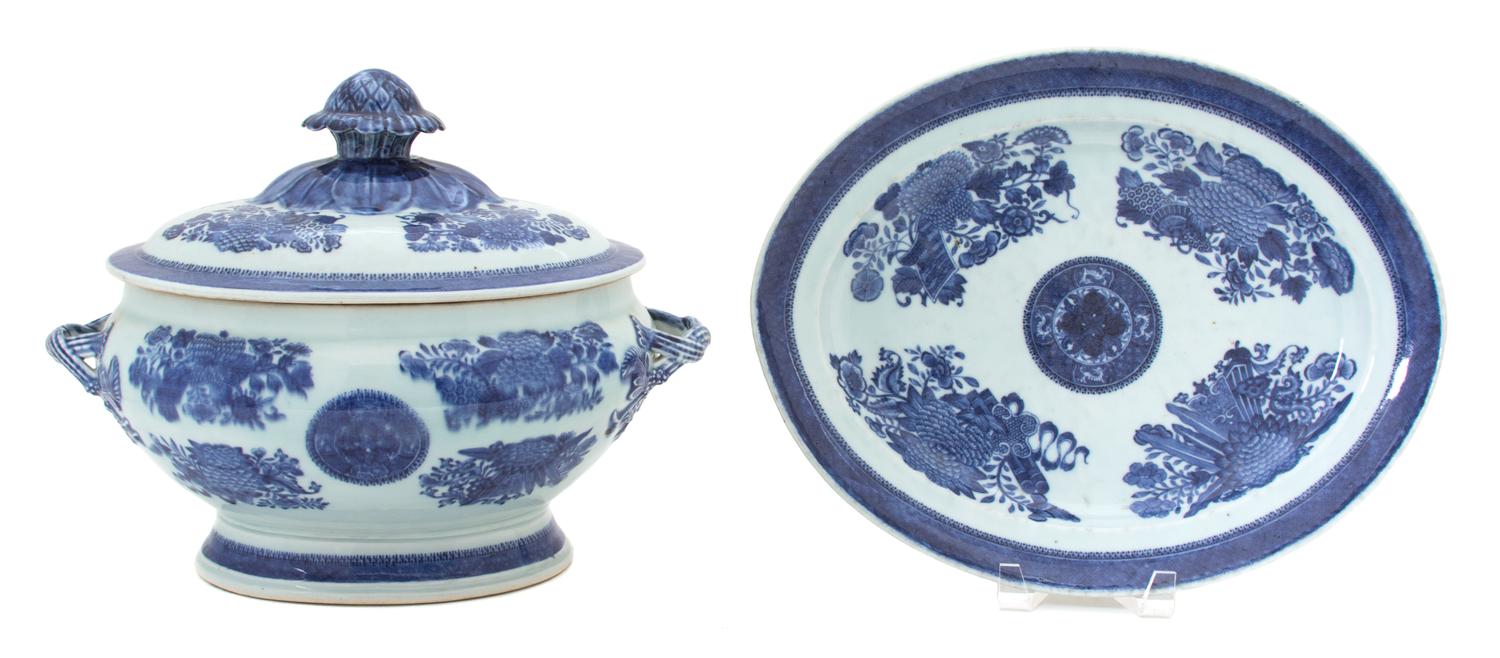 A Chinese Export Blue and White Fitzhugh Tureen and Undertray Tureen height 10 x width 13 x depth 8 1/2 inches.