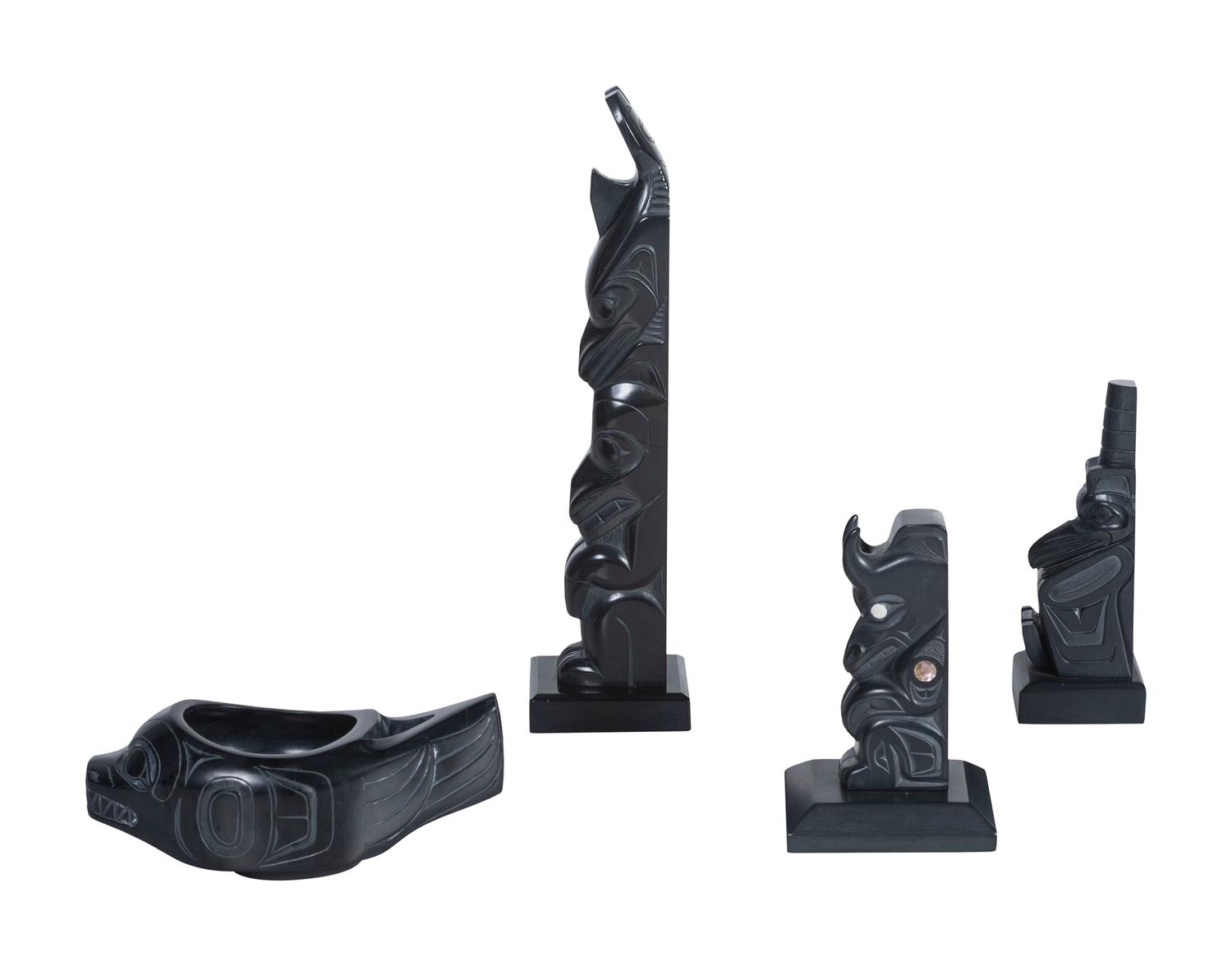 Carved Argillite Totems and Bowl