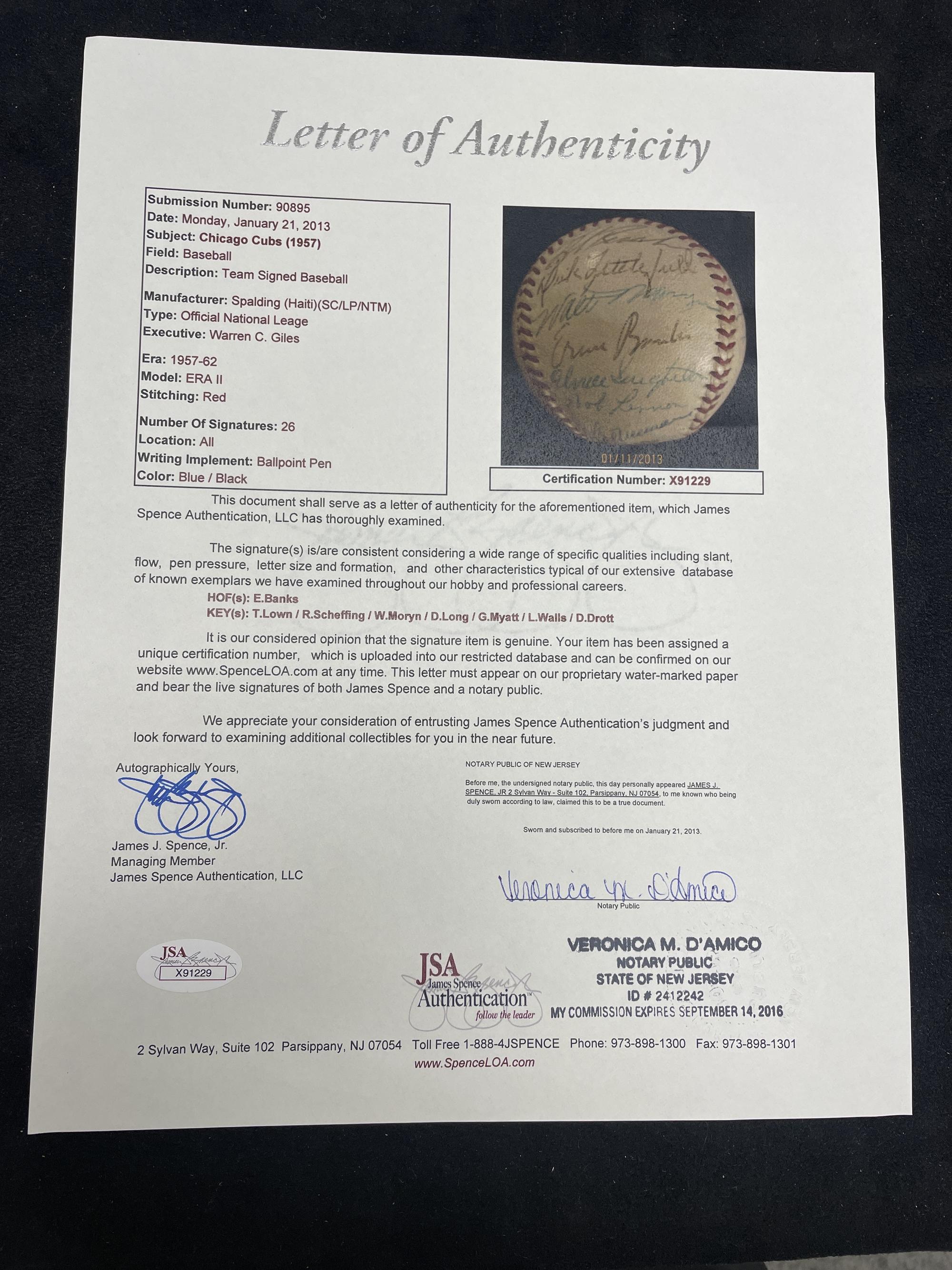 A 1957 Chicago Cubs Team Signed Autograph Baseball (JSA Letter of Authenticity),