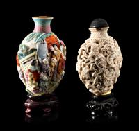 Two Chinese Carved and Molded Porcelain Snuff Bottles