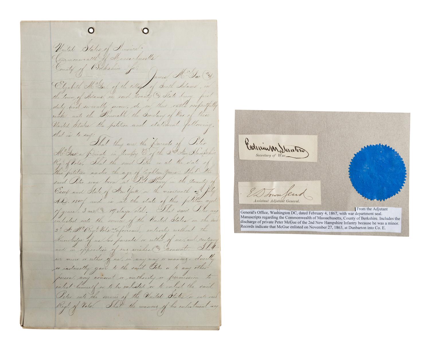 [DAVIS, Jefferson (1808-1889)]. A group of 5 items associated with the capture of Jefferson Davis after the fall of Richmond, comprising:
