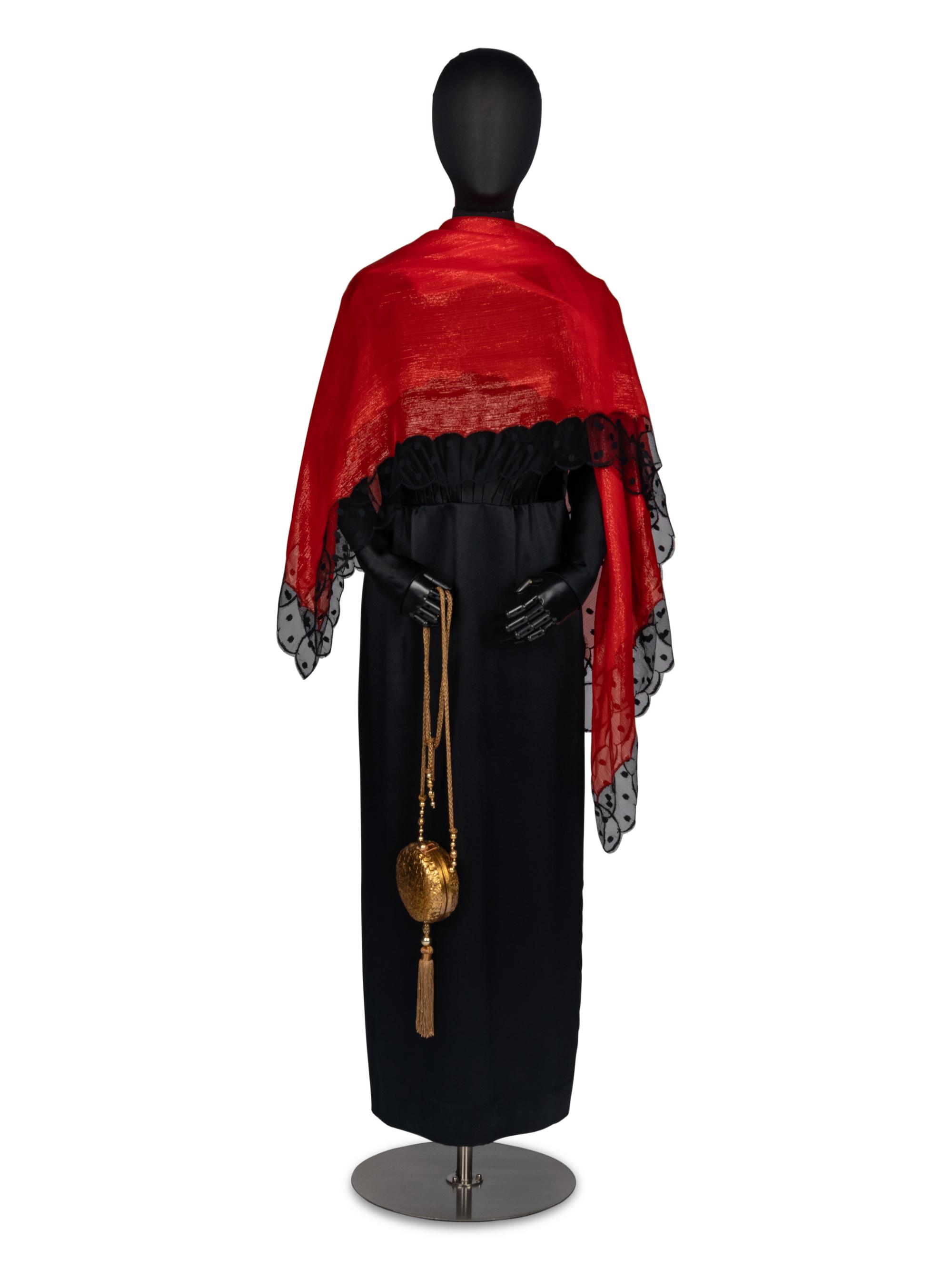 Geoffrey Beene Black Satin Gown with Scarf and Evening Bag