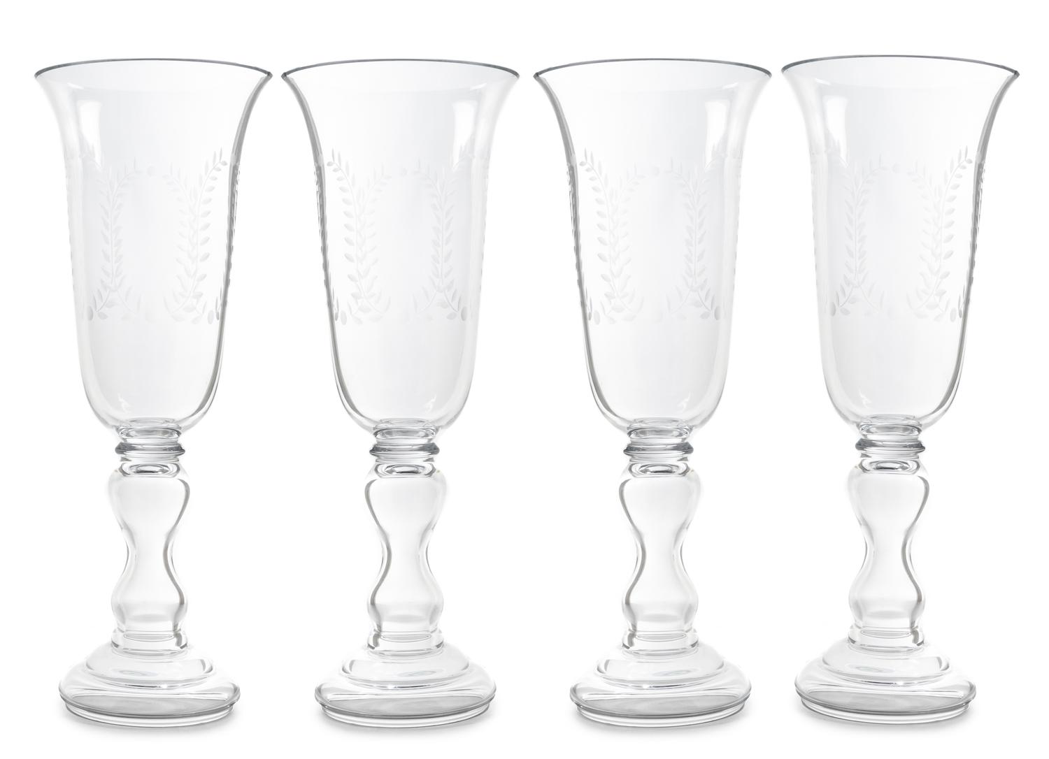 A Set of Four Etched Glass Hurricanes Height 25 1/2 inches. — 20TH CENTURY