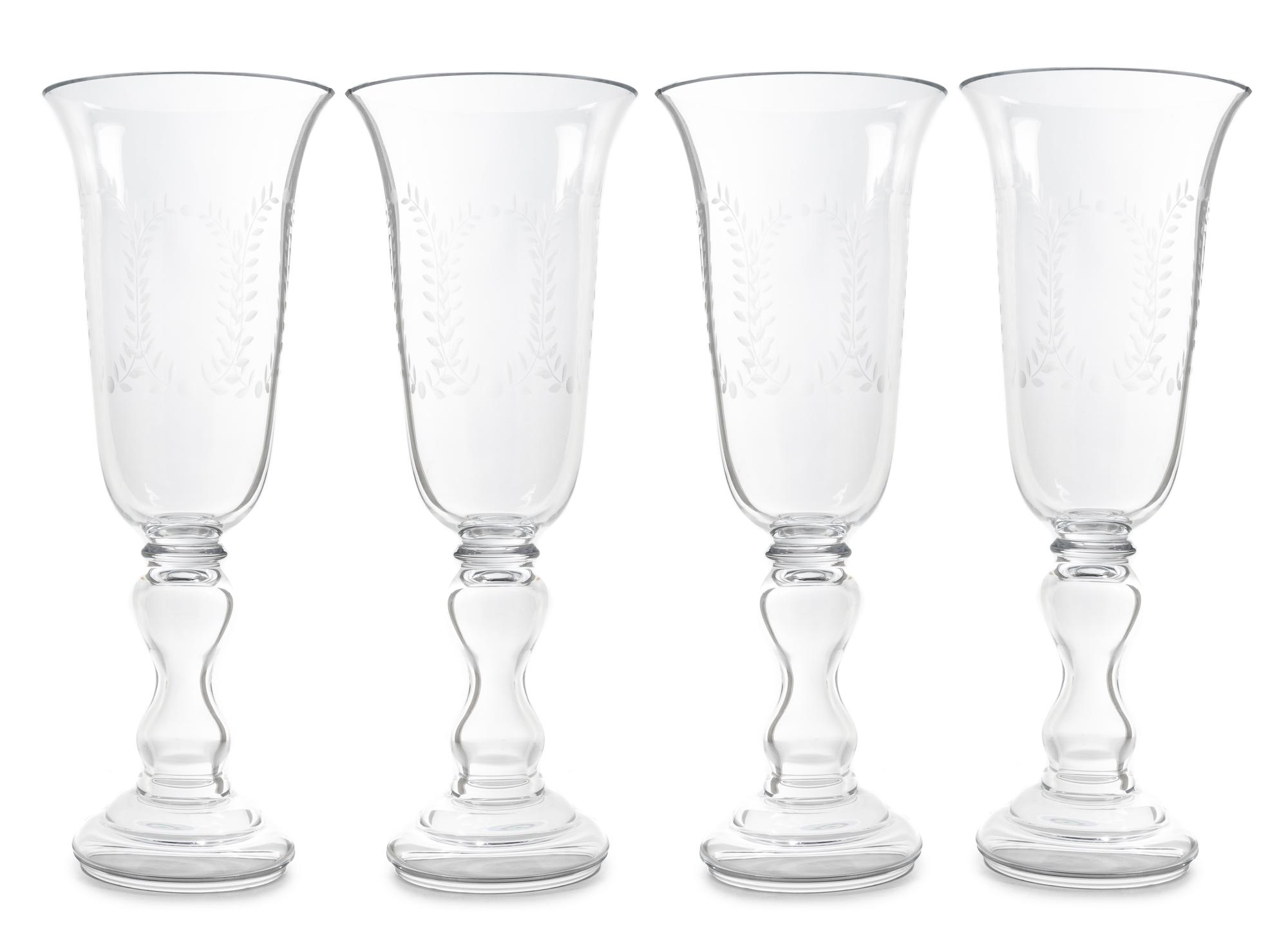 A Set of Four Etched Glass Hurricanes Height 25 1/2 inches. — 20TH CENTURY
