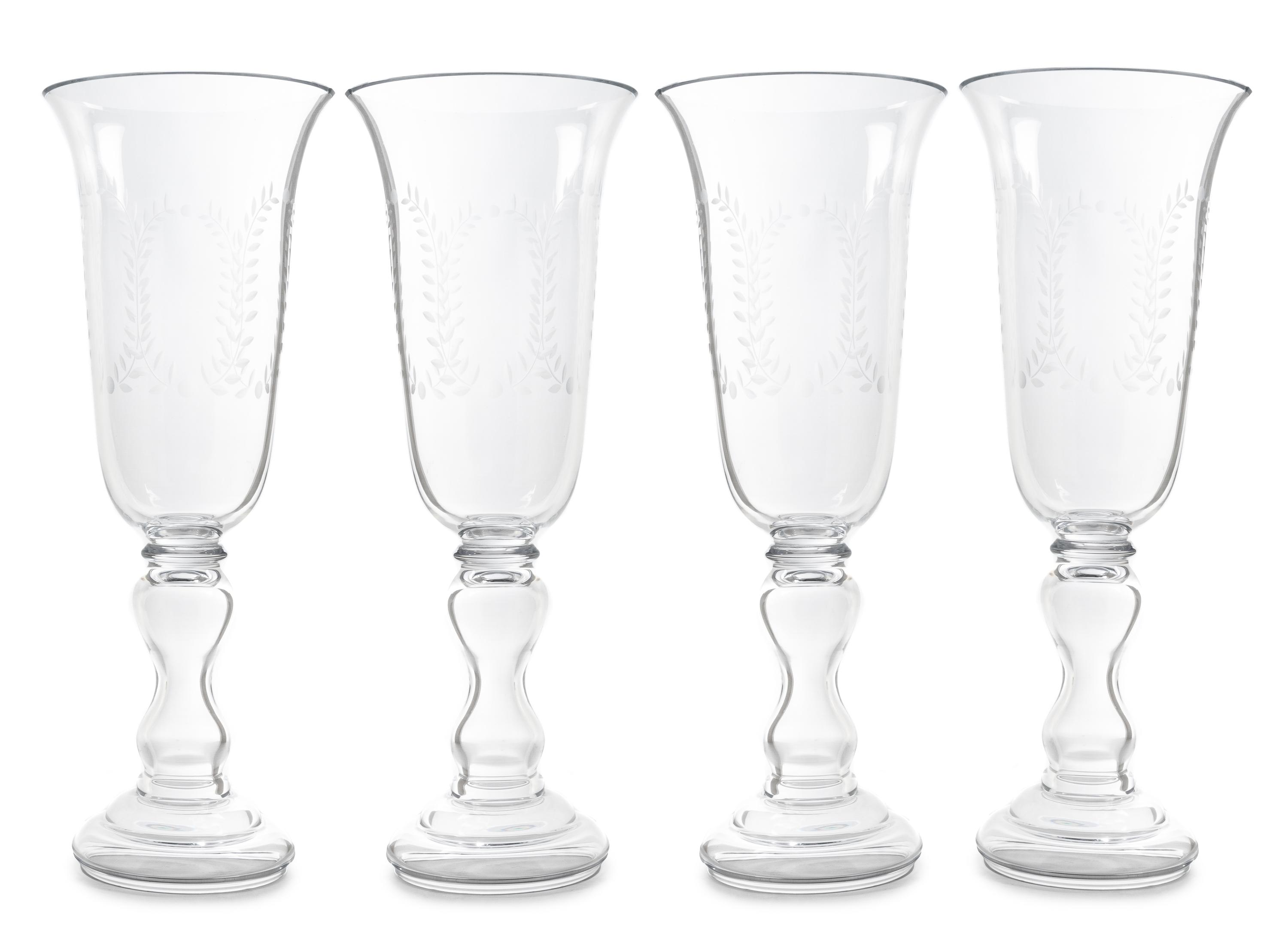 A Set of Four Etched Glass Hurricanes Height 25 1/2 inches. — 20TH CENTURY