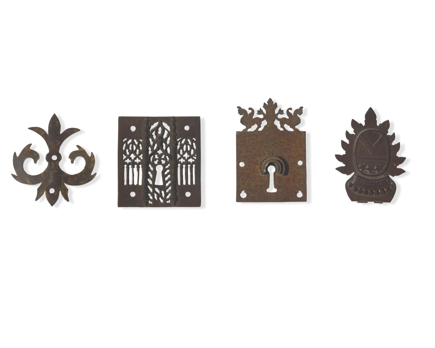 Four Wrought Iron / Steel Lock Plates and Furniture Mounts, French and Spanish, 16th - 18th Century
