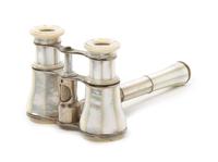 A Pair of French Mother-of-Pearl Veneered Opera Glasses, Lemaire, Width 3 7/8 inches.