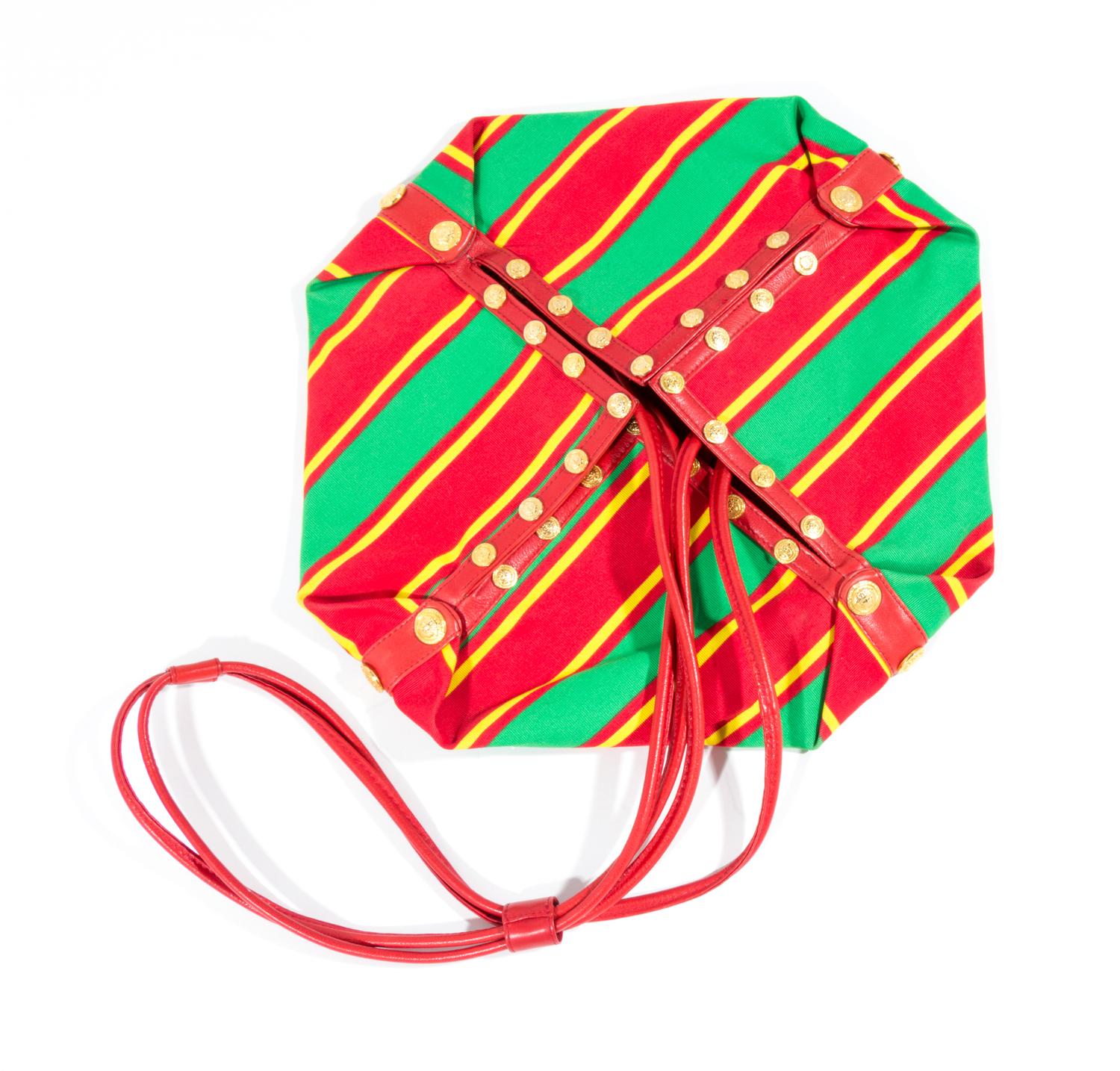 A Gianni Versace Red and Green Striped Hexagon Bag, Flat: 13.5" x 14"; Strap drop: 21".