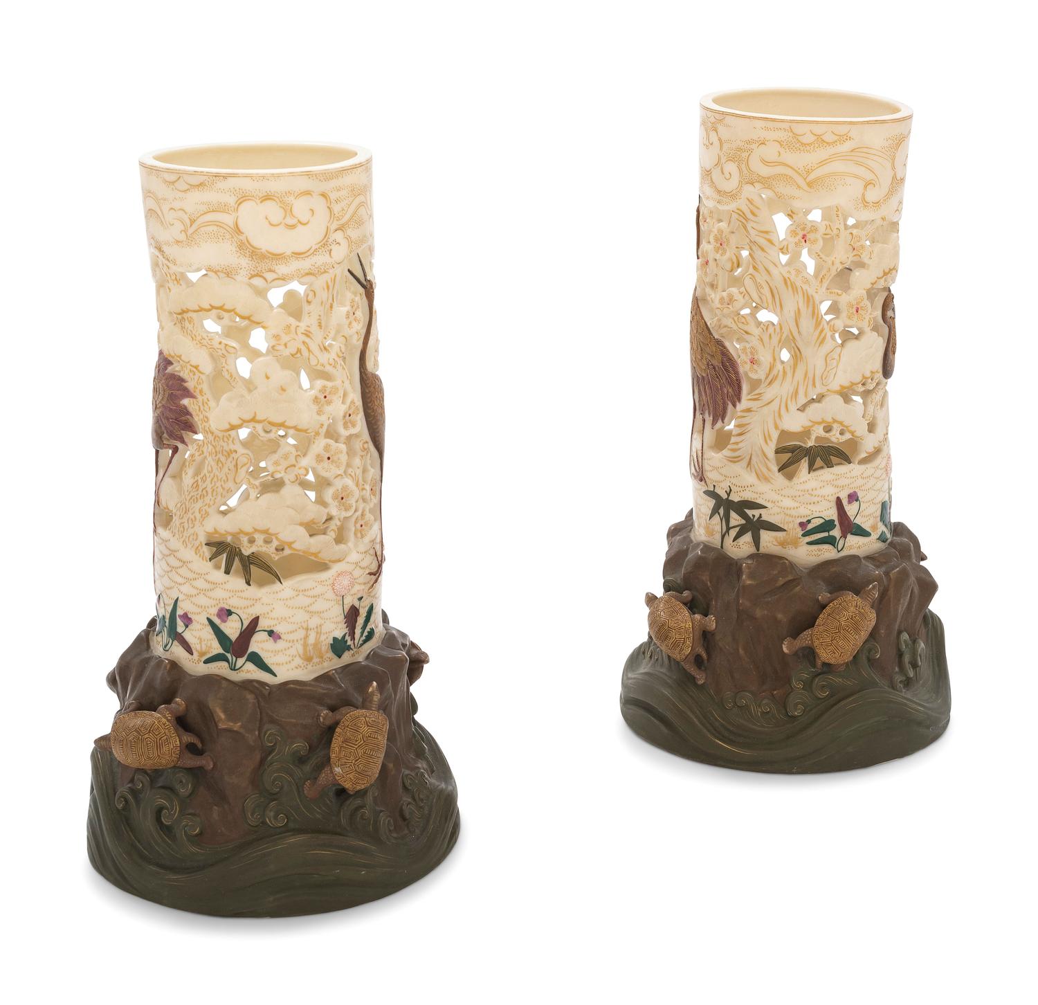 A Pair of Royal Worcester Aesthetic Movement Parcel Gilt Porcelain Vases