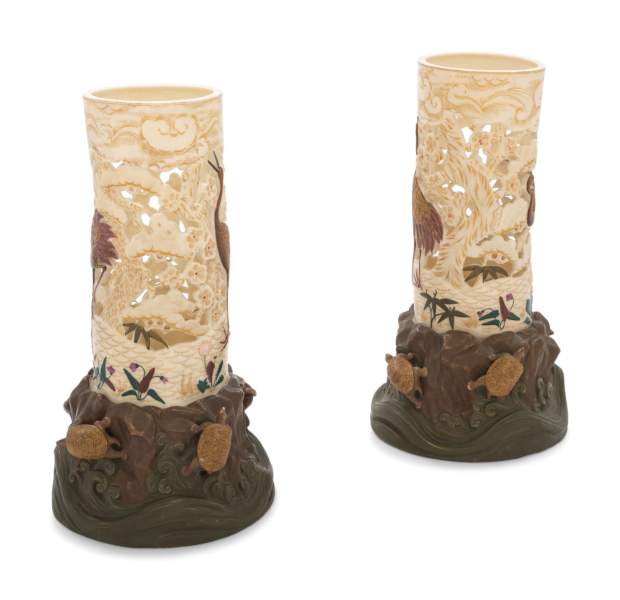 A Pair of Royal Worcester Aesthetic Movement Parcel Gilt Porcelain Vases