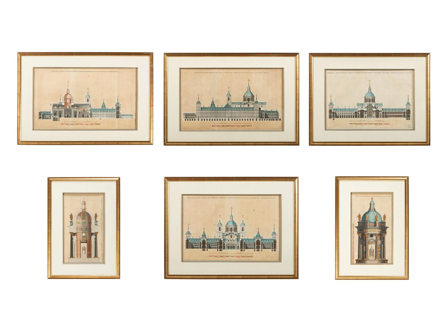 Six Hand-Colored Architectural Engravings