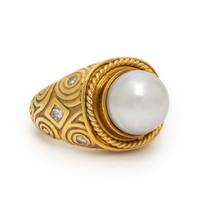 Cultured Pearl, Diamond, and Yellow Gold Ring