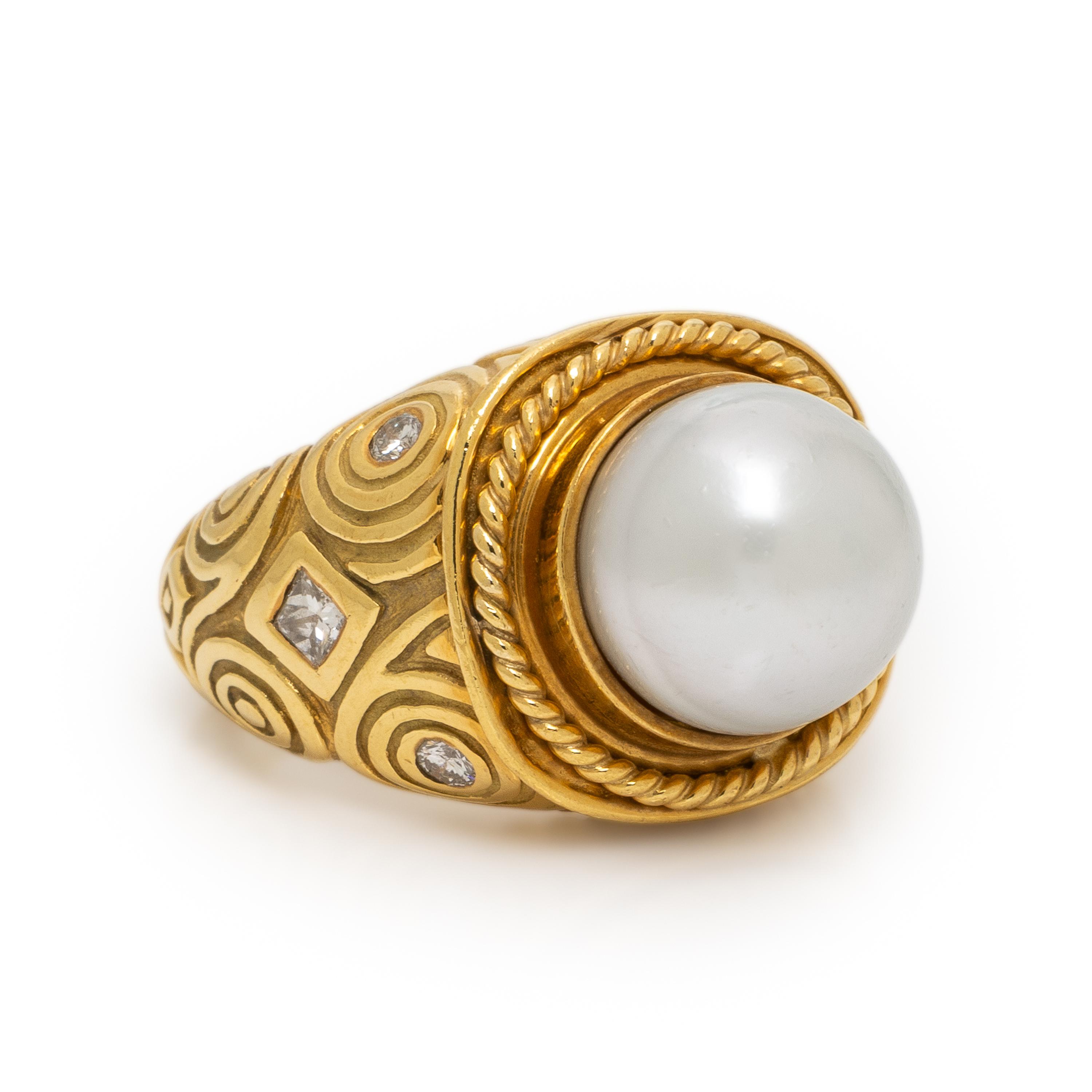 Cultured Pearl, Diamond, and Yellow Gold Ring