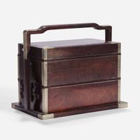 A Chinese stacking hardwood two-tier box, possibly zitan 双层提梁木盒 或紫檀