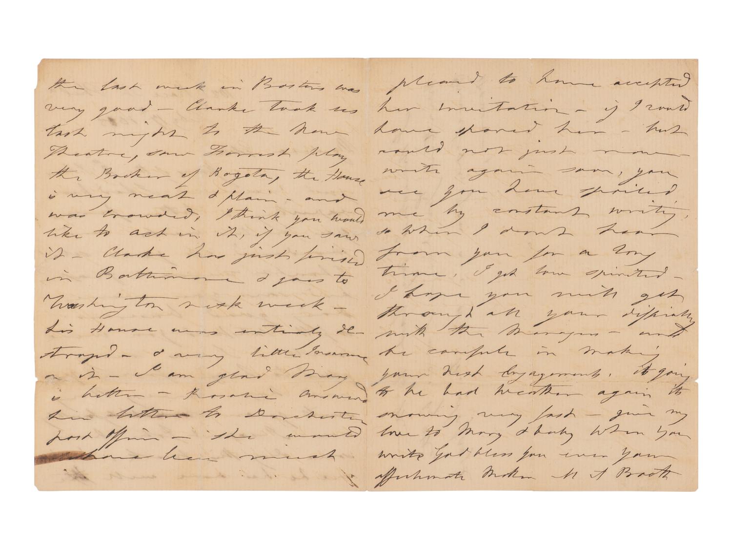 [BOOTH, John Wilkes (1838-1865)]. BOOTH, Mary Ann Holmes (1802-1885). Autograph letter signed ("Mother M.A. Booth") to Edwin Booth, Philadelphia, 17 February 1863.
