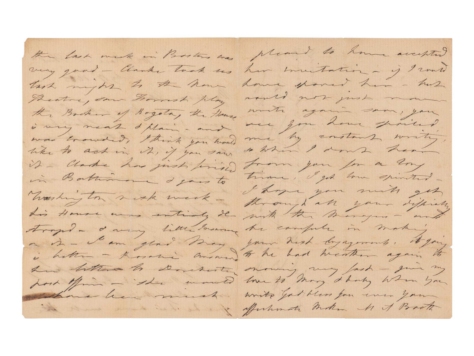 [BOOTH, John Wilkes (1838-1865)]. BOOTH, Mary Ann Holmes (1802-1885). Autograph letter signed ("Mother M.A. Booth") to Edwin Booth, Philadelphia, 17 February 1863.