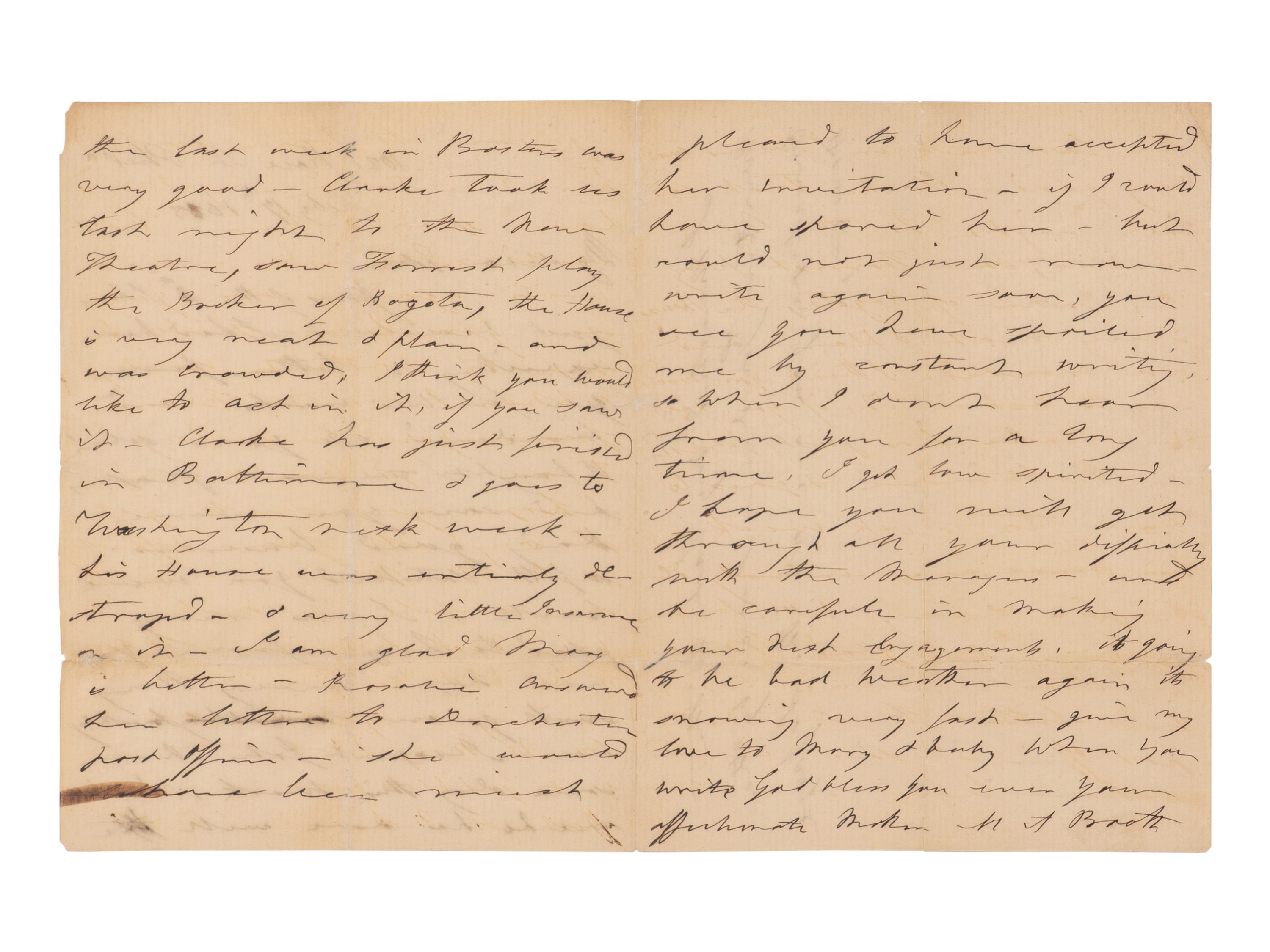 [BOOTH, John Wilkes (1838-1865)]. BOOTH, Mary Ann Holmes (1802-1885). Autograph letter signed ("Mother M.A. Booth") to Edwin Booth, Philadelphia, 17 February 1863.