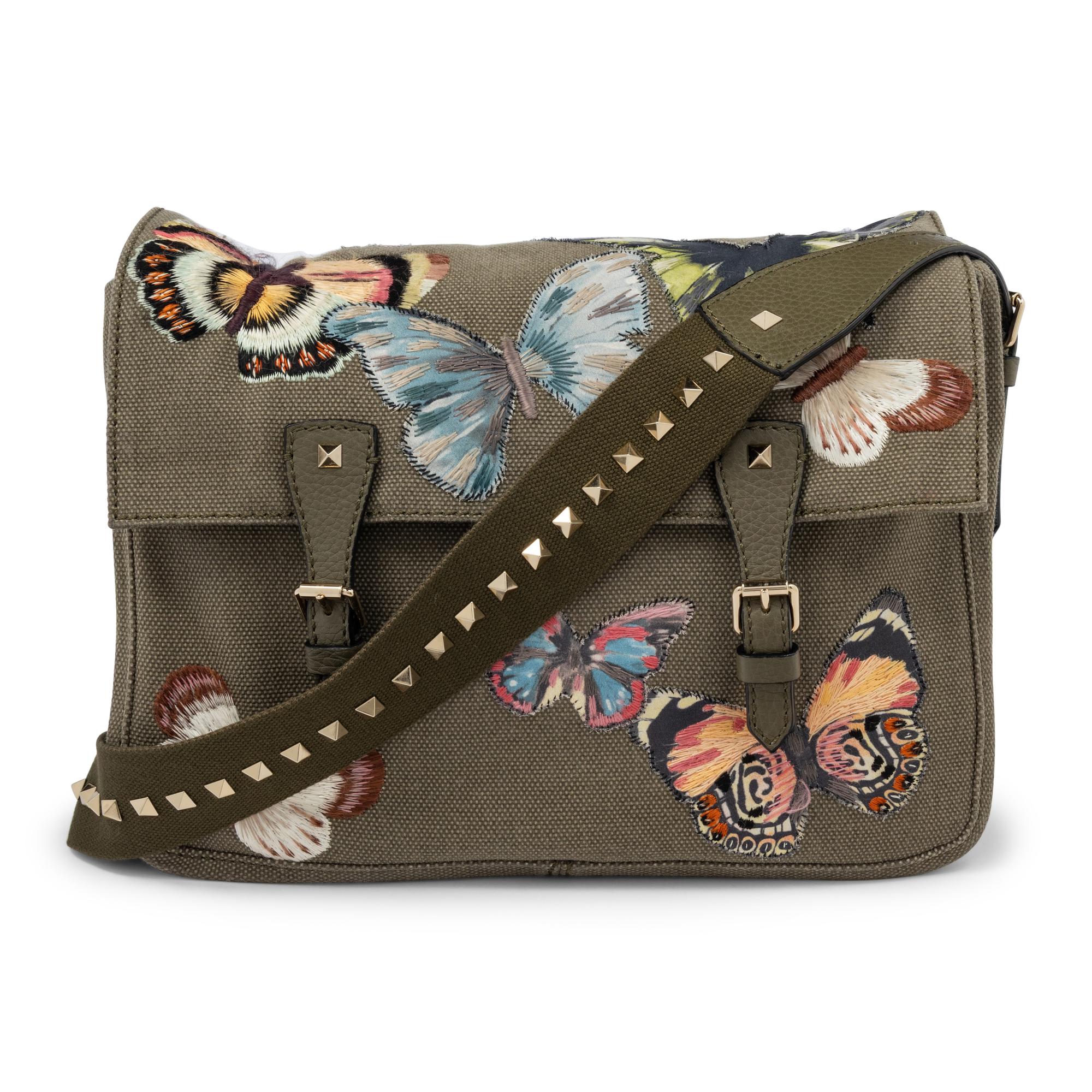 VALENTINO, ROCKSTUD BUTTERFLY CANVAS MESSENGER BAG